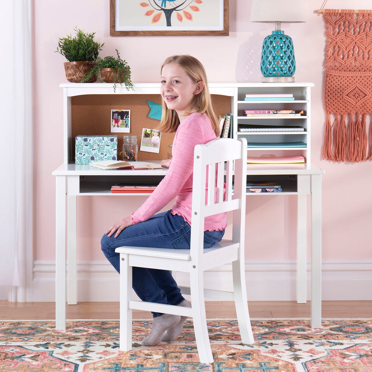G27642 Guidecraft Childrens Media Desk and Chair Set White Lifestyle Main Image Crop | White
